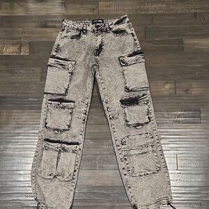 Fashion Nova Women's Washed Gray Cargo Jeans with Multiple Pockets